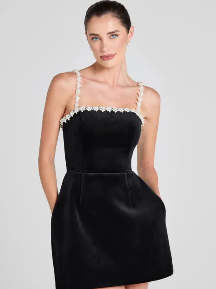 Black Color Women Sexy Strap Square Collar Beading Straight Mini Bandage Dress Elegant Evening Party Red Carpet Outfit black