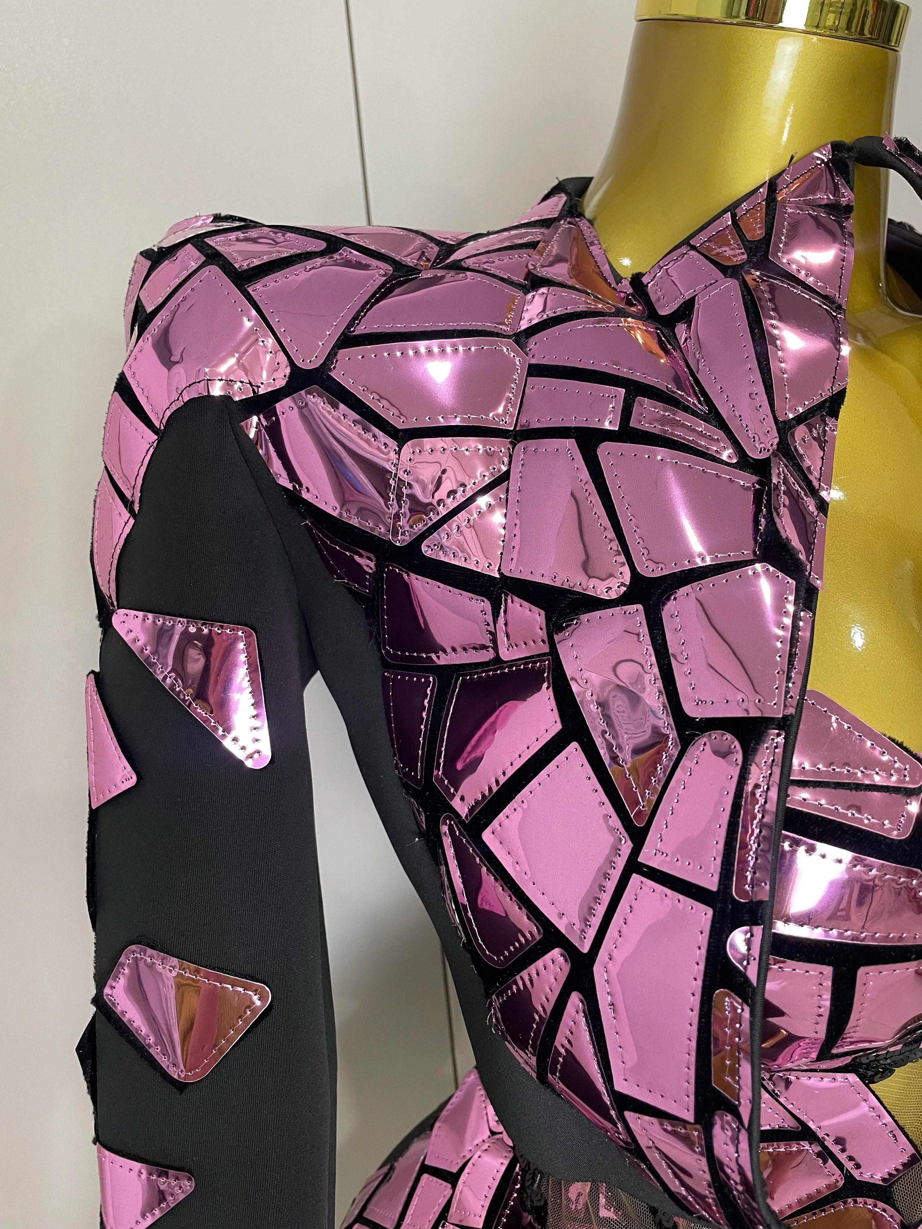 STOCK 2025 Women Sexy Pink Glitter Sequin Mirrors Short Skirt 3pcs Set Birthday Party Nightclub Queen Drag Stage Costume