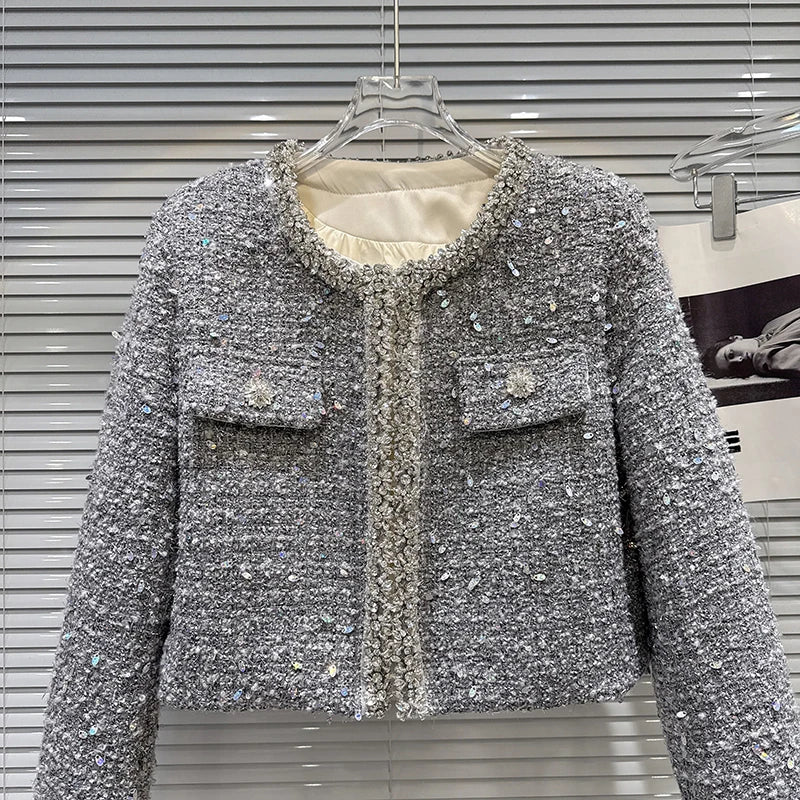 Winter New Fashion Rhinestone Beaded Sequin Tweed Cotton Jacket For Women Elegant Covered Button Short Coat 11A07561