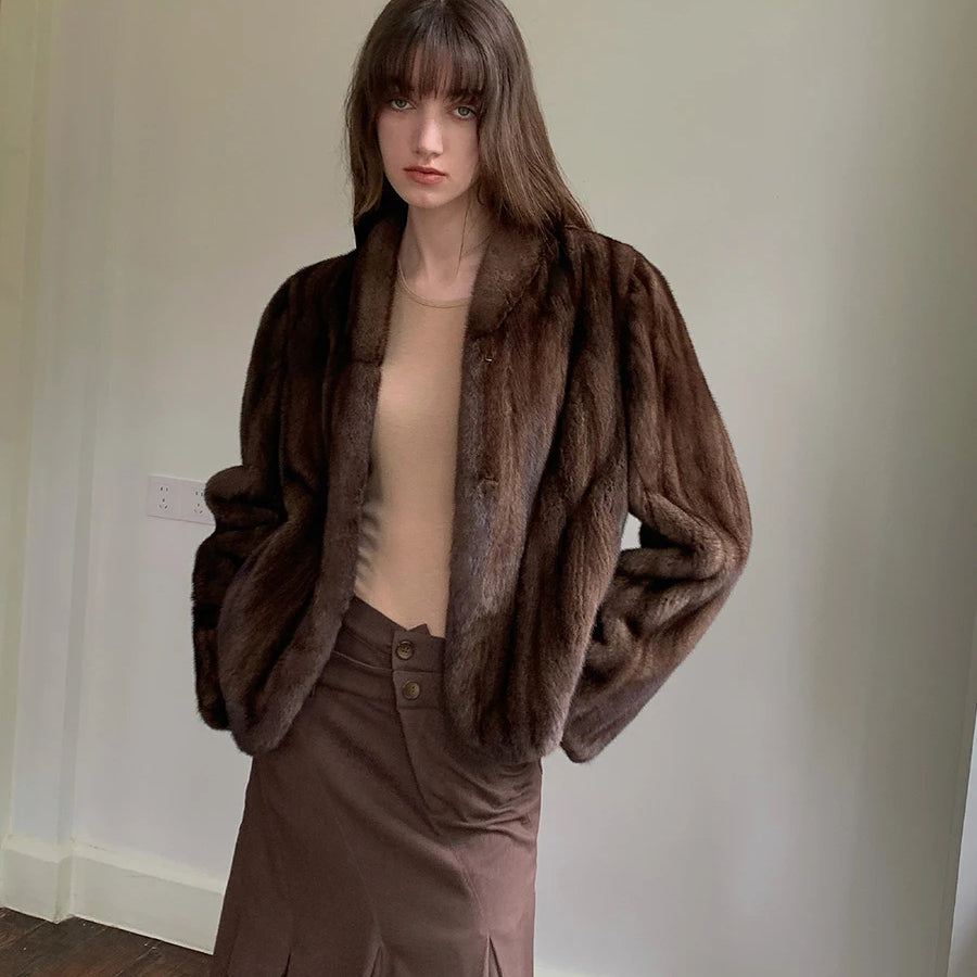 Lautaro Autumn Winter Short Brown Thick Warm Soft Faux Mink Fur Coat Women Stand Collar Elegant Luxury Chic Fluffy Jacket 2025 Brown