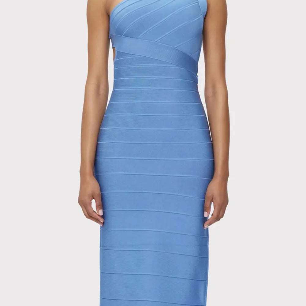 2025 Elegant Women's Single Shoulder Sleeveless Bandage Dress with Diagonal Collar Bodycon Bareback Split and Knee Dress Vestido Blue