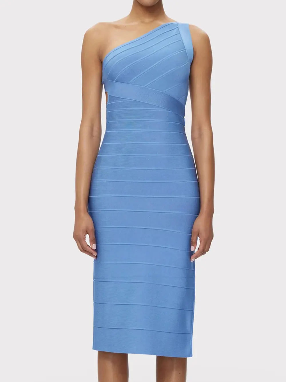 2025 Elegant Women's Single Shoulder Sleeveless Bandage Dress with Diagonal Collar Bodycon Bareback Split and Knee Dress Vestido Blue