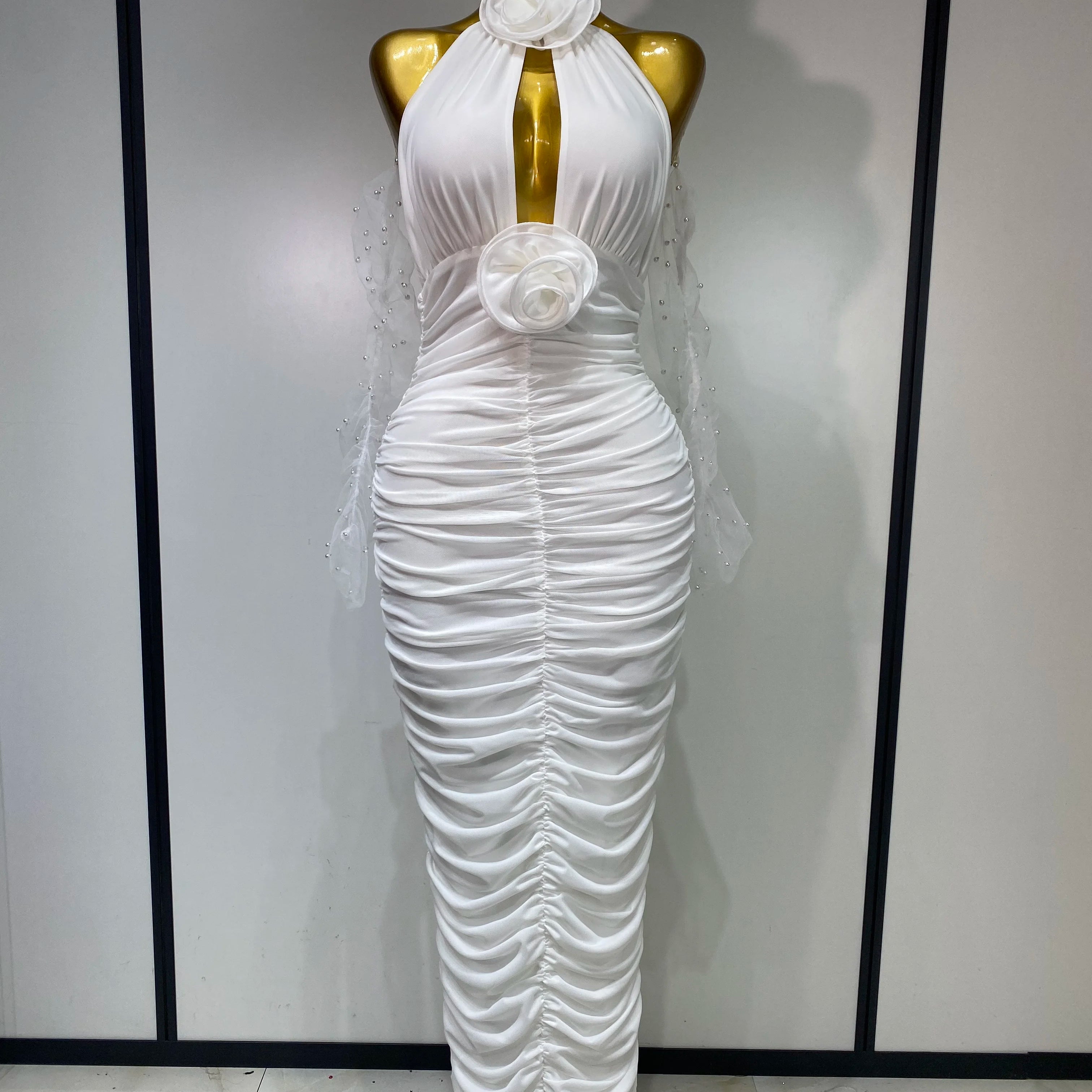 Women Sexy Cut Out Flower Pleated Bodycon Long Dress Celebrity White Elegant Evening Party Cocktail Luxury Birthday Dress WHITE