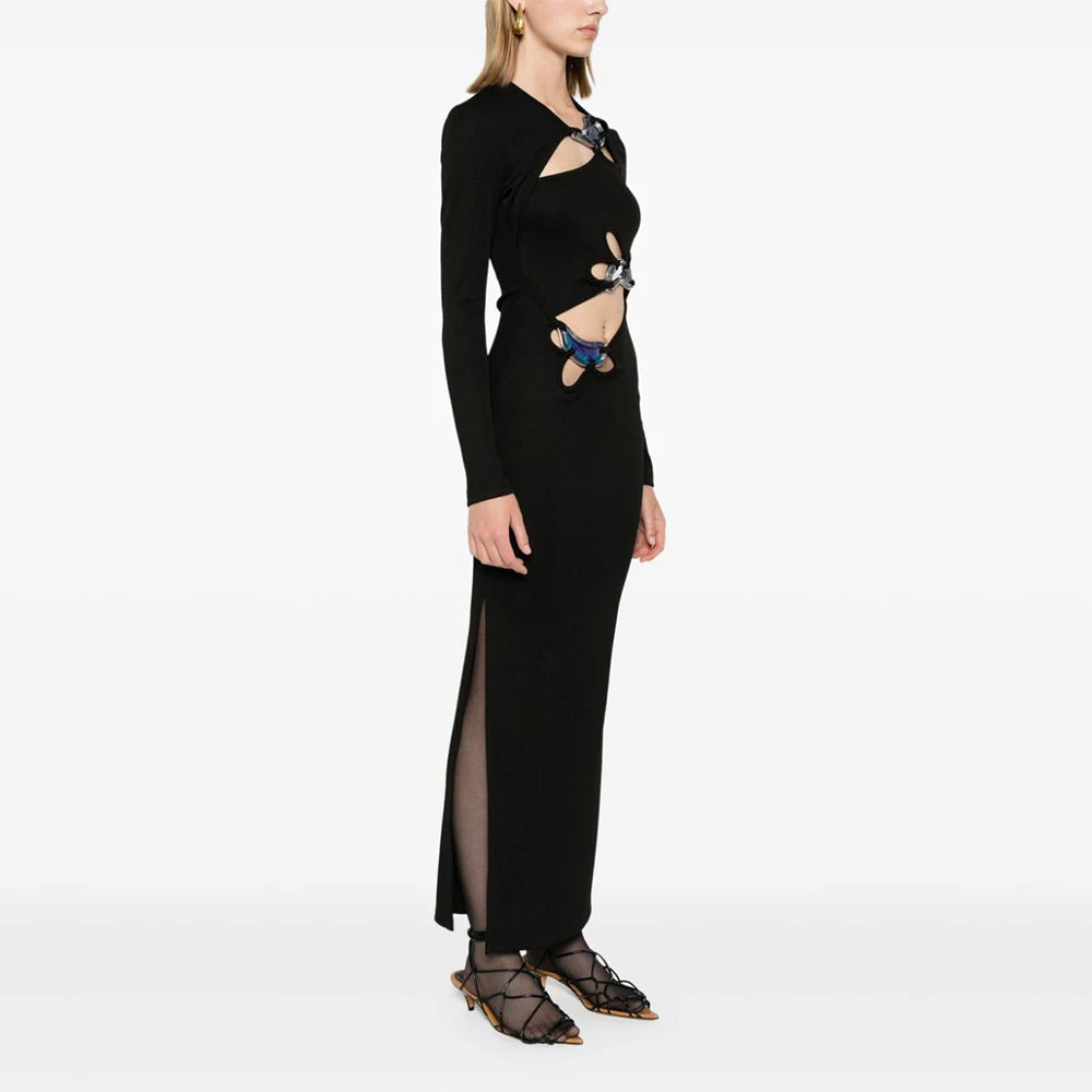 Black Color Women Long Sleeve Sexy Holes Bodycon Long Dress Fashion Celebrate Evening Party Red Carpet Dress Wholesale