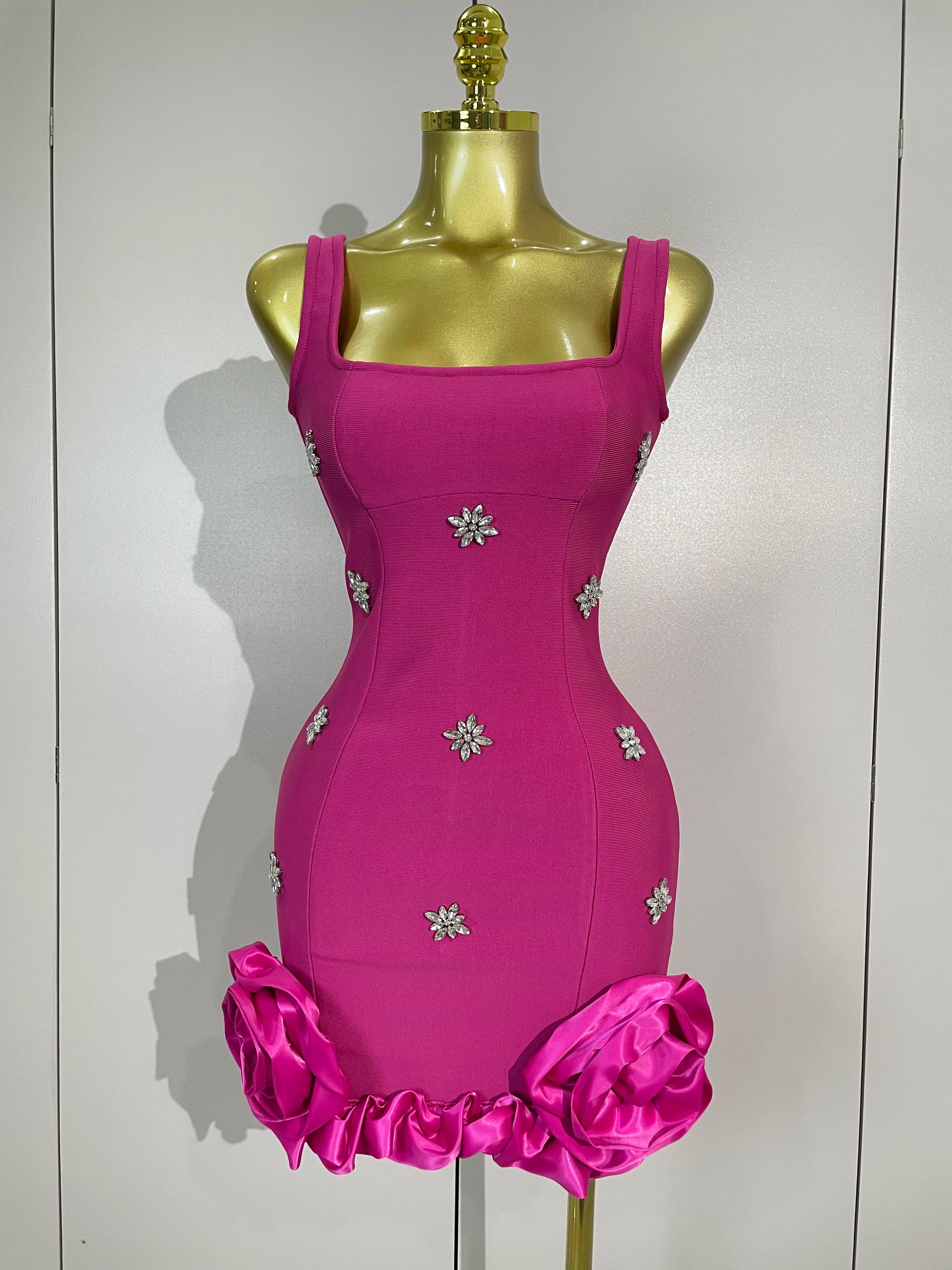 2025 New STyle Shining Crystal Women Sleeveless Bodycon Mini Bandage Dress Elegant Ruffles Cute Birthday Party Celebrate Dress Rose Red