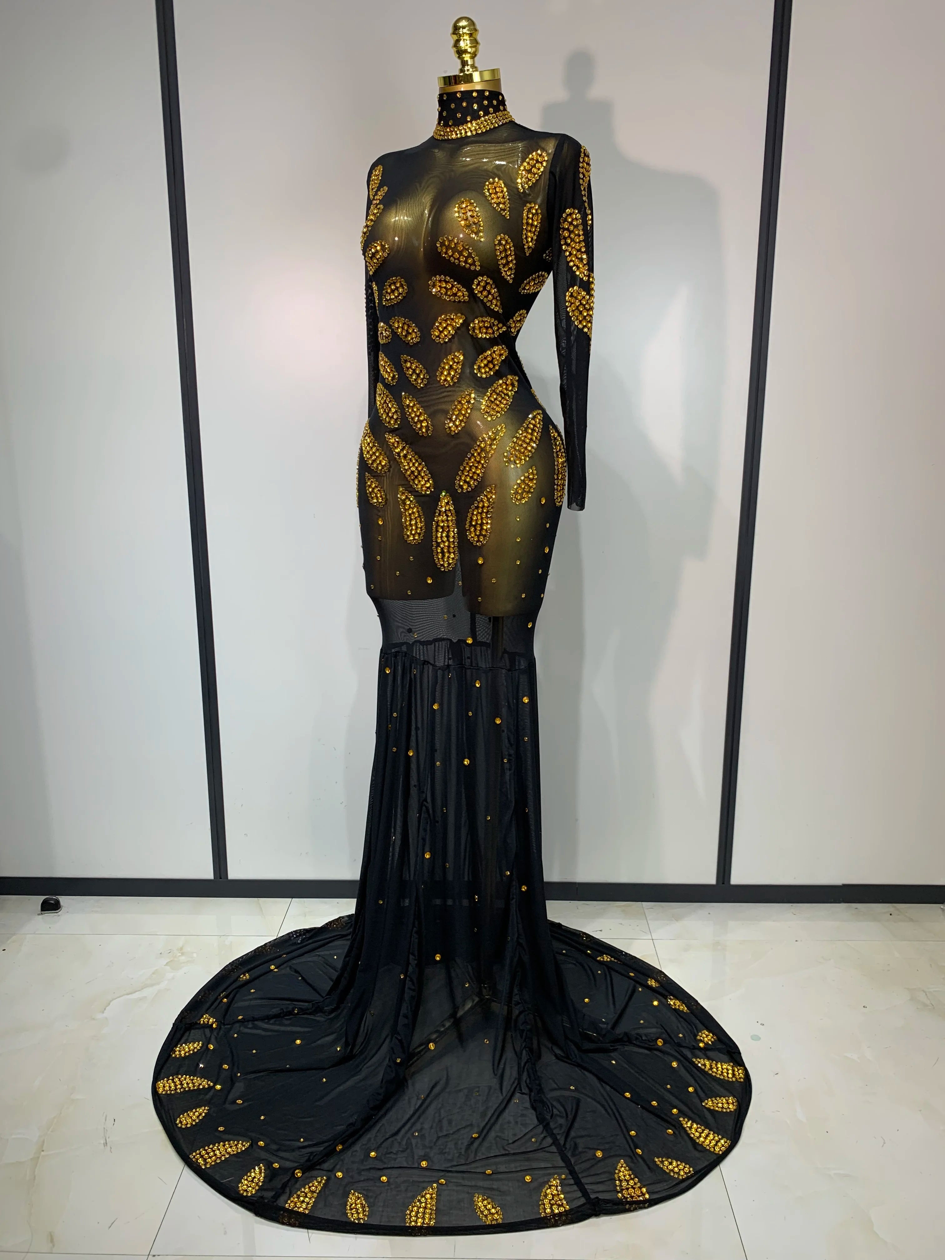 Stage Perform Dress Sexy Mesh Transparent Maxi Long Dress Nightclub Outfit Singer Dance Costume Elegant Party Dress