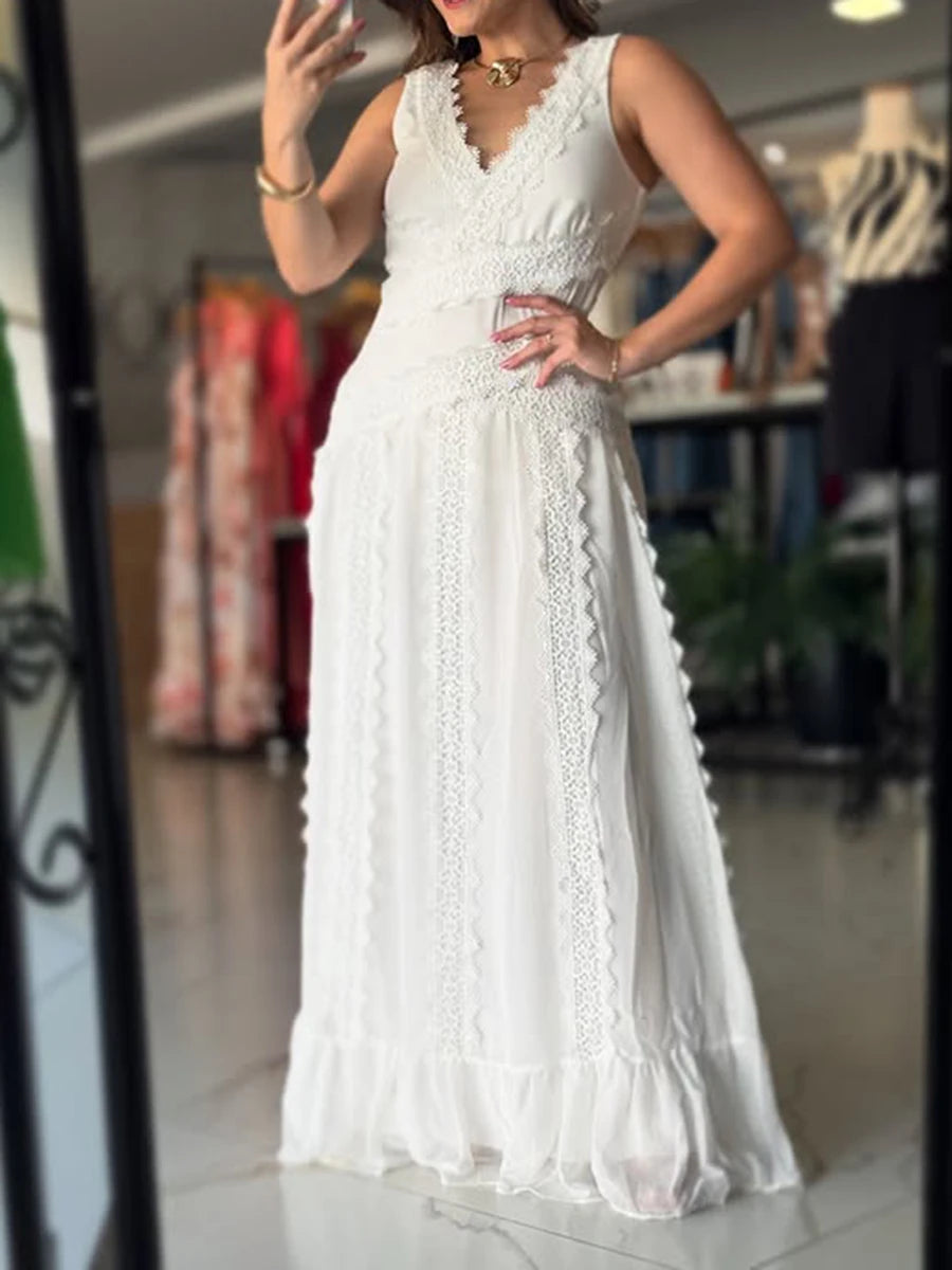 White Spliced Lace Minimalist Dresses for Women V Neck Sleeveless Temperamnet Long Dress Female Fashion Clothes New