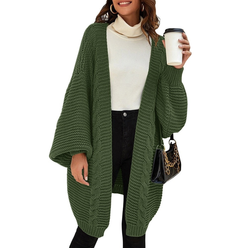 Womens Open Cardigan Long and Loose Sleeve Casual Knit Sweater Narrow Cuffs Solid Color Warm Coats Green