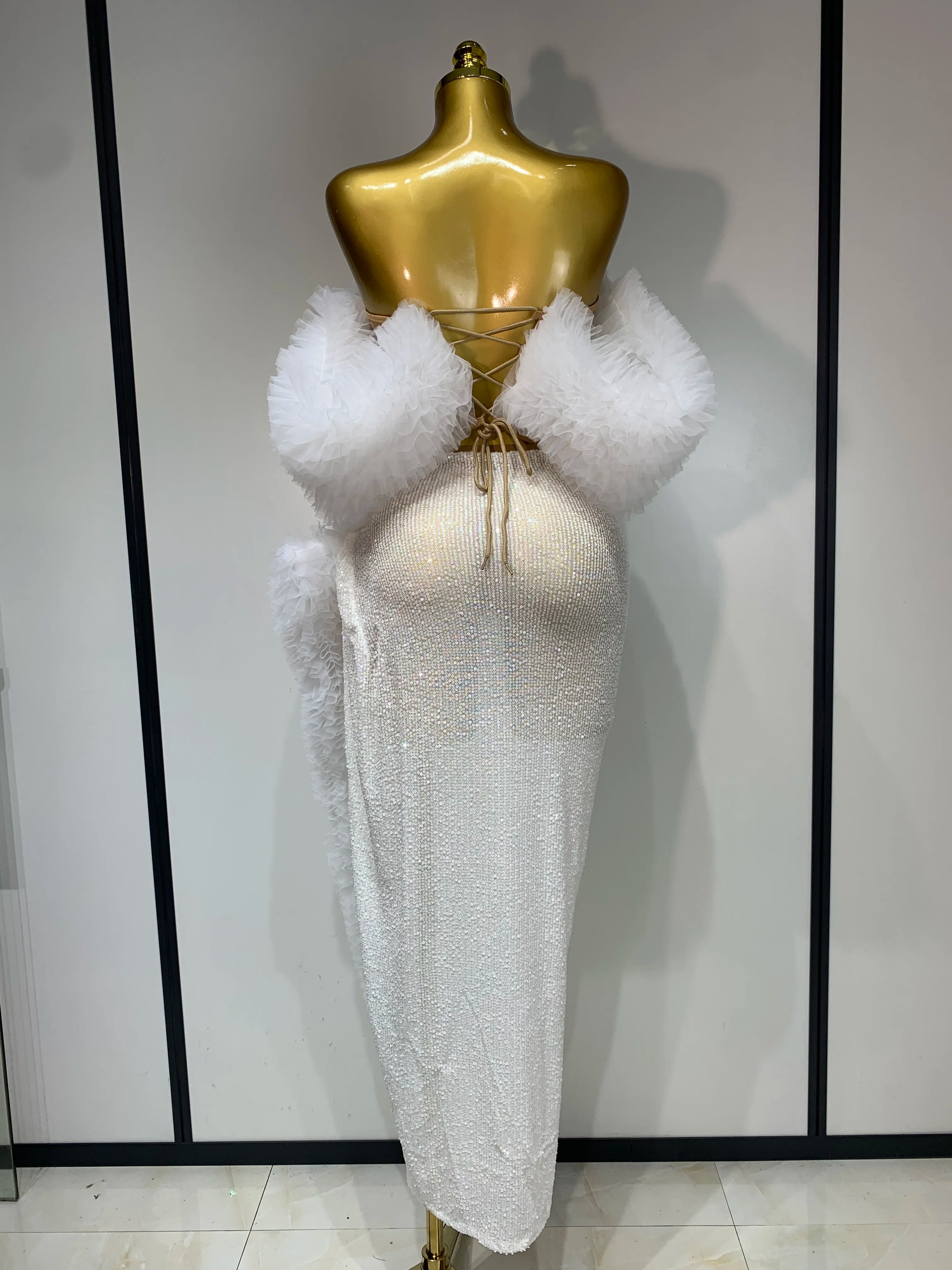 Women Elegant Sparkly Sequins Top Long Skirt Two Pieces Set Evening Party Luxury Birthday Nightclub Singer Dancer Stage Outfit