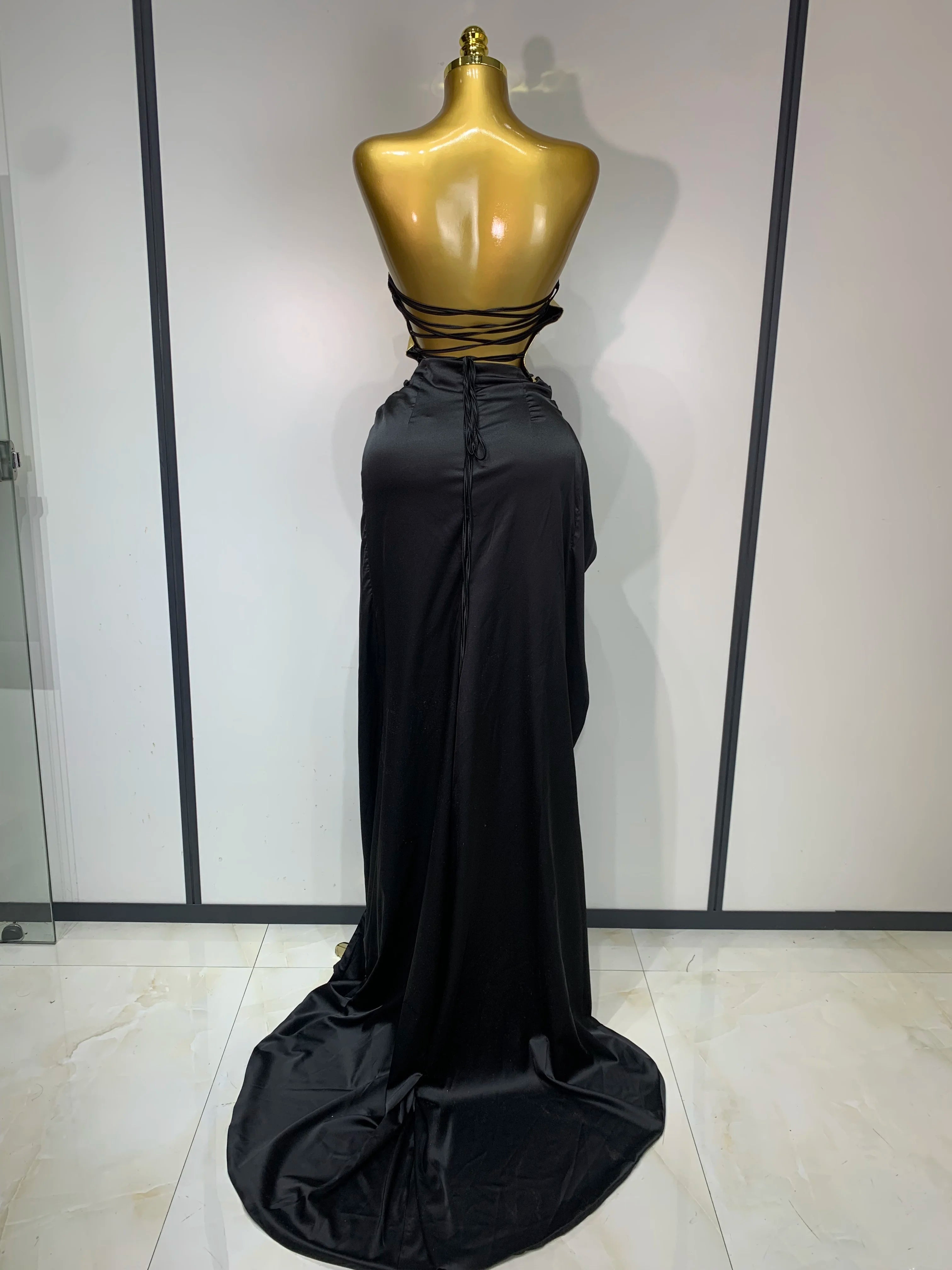 2025 Women Gold Color Sexy Laced-up Tops 2 Pieces Set Long Dress Celebrate Evening Party Celebrity Elegant Dress