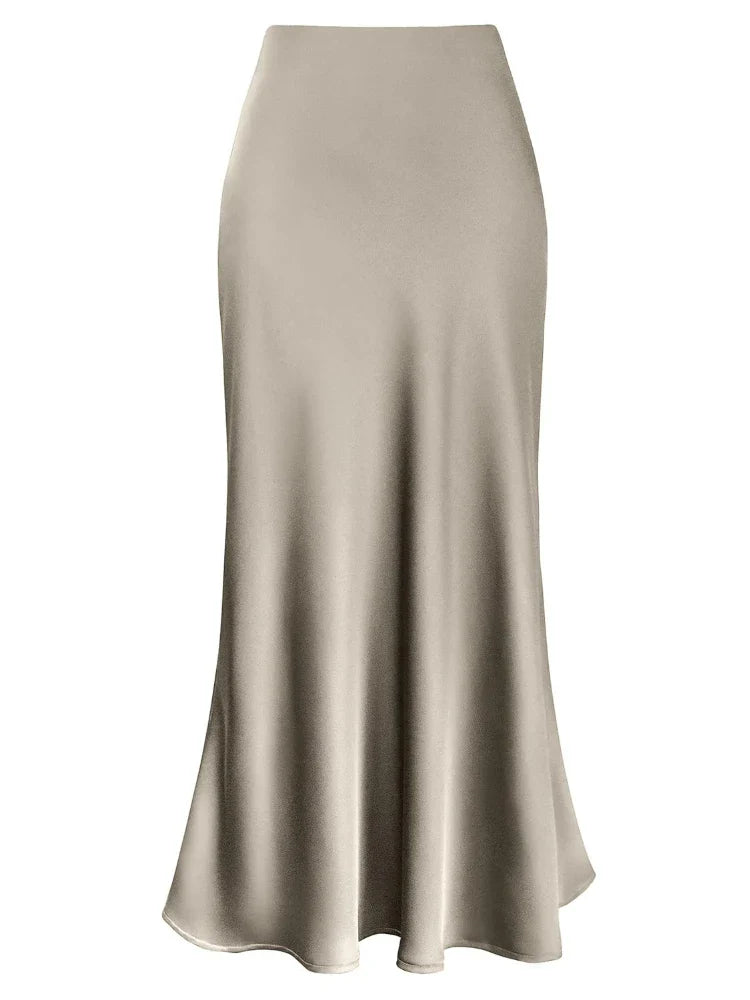 Women Satin Silk Skirts Summer Spring Korean Fashion Clothing Office Ladies Long Skirt Elegant Black Maxi Skirts for Women Champagne