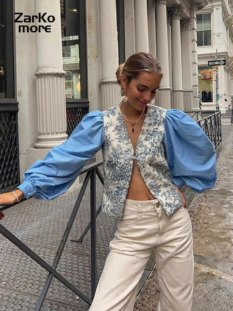 Chic Patchwork Print Floral Shirt Women V-neck Coil Buckle Lantern Sleeve Split Female Blouse Spring Summer Lady Streetwear