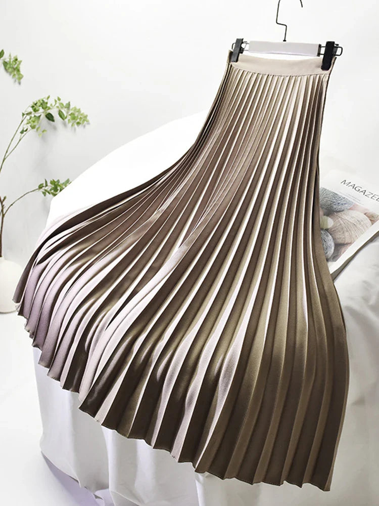 Brand Designer Women Spring Autumn Elegant Chic Solid Pleated Skirt High Waist Luxury Fashion With Elastic Female C-035 Coffee