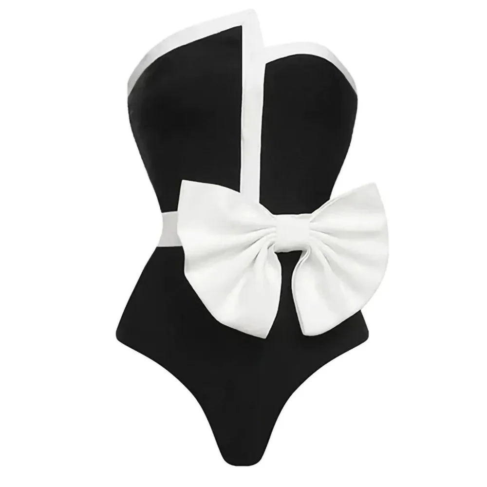 Black & White Spliced Swimsuit Women'S Elegant Tube Top Bow Belt Bikini Irregular Hip Beach Skirt Vintage Pool Swimwear swimsuit