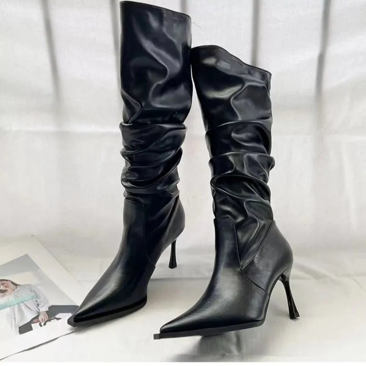 Pointed Pleated High Barrel Boots for Women in Autumn Thin Heel Stacked Boots High Heel Below Knee Long Barrel Boots black
