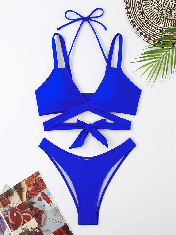 Bikini Women Swimsuit New Solid Sling Lace Up Bikinis Set Sexy Thong Swimwear Summer Two Piece Beach Bathing Suit Female Blue