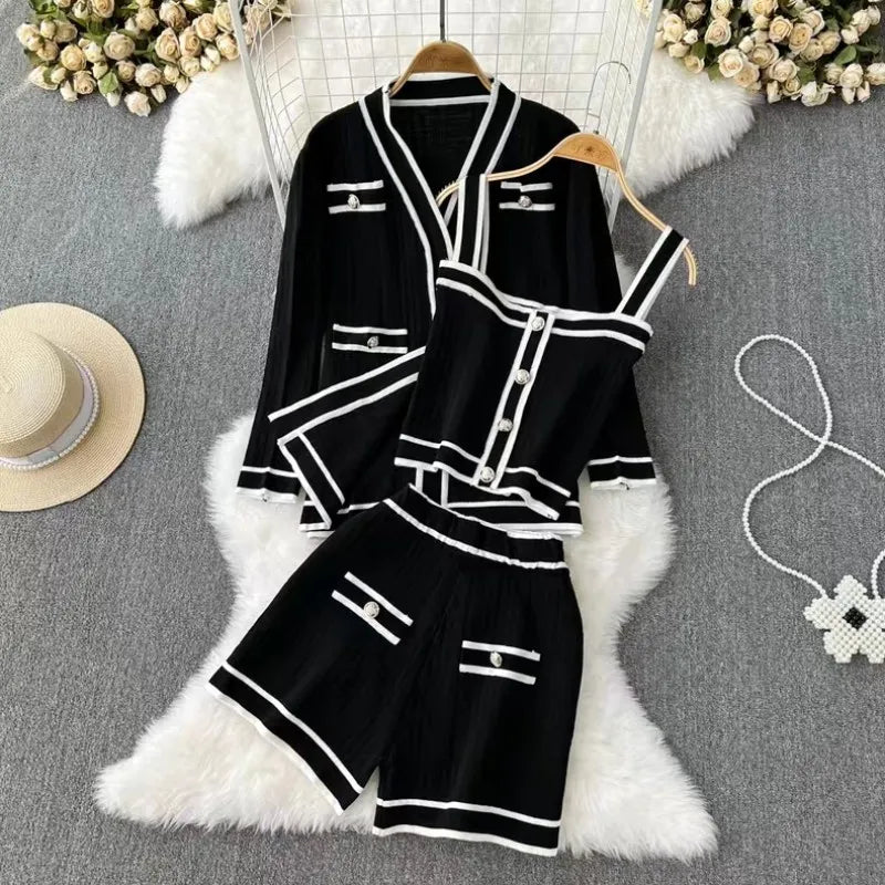 Runway Casual Long Sleeve V Neck Cardigan Coat Top + Sling Vest + Shorts Chic Knitted Vintage Female Luxury Women's 3 Piece Sets Black One Size