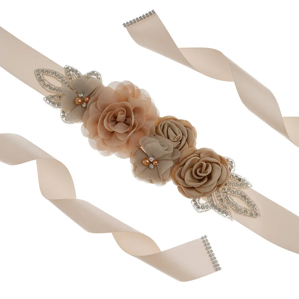 Wedding Accessories Bridal Belts Satin Flower Sash Woman Girl Belts Flower Bead Belts Floral Belt Wedding Rhinestone Flower Belt 1-Light Khaki