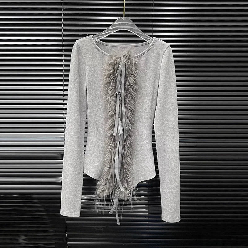 Autumn Winter New Lace-Up Slim Fit T-Shirt For Women High-End Layered Patchwork Base Shirt Top Female Trend 11A07879 Gray
