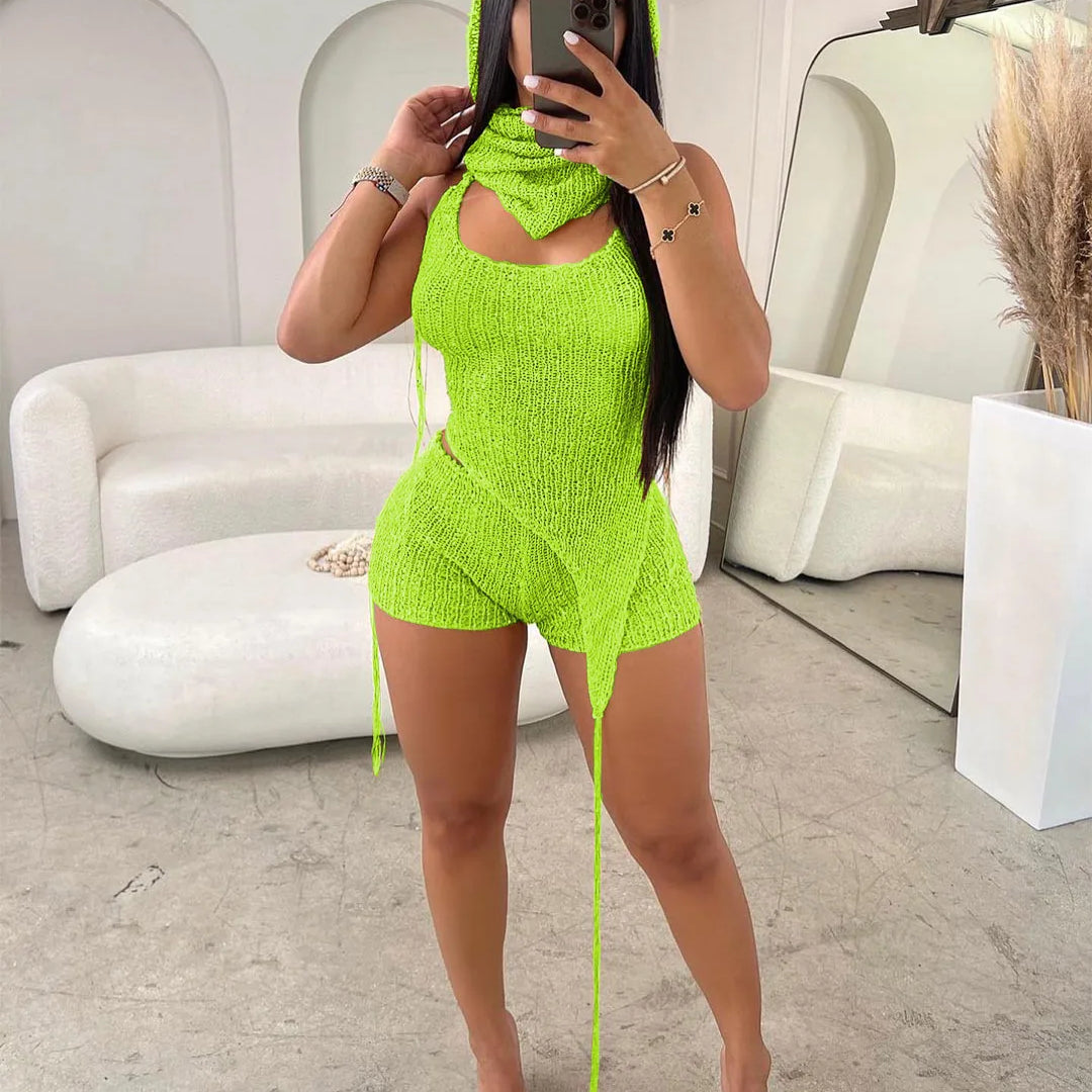 Knit Ribbed Women's Set Halter Neck Backless Crop Top with Hat Shorts Suit 2023 Summer Two 2 Piece Set Outfit Tracksuit yellow green