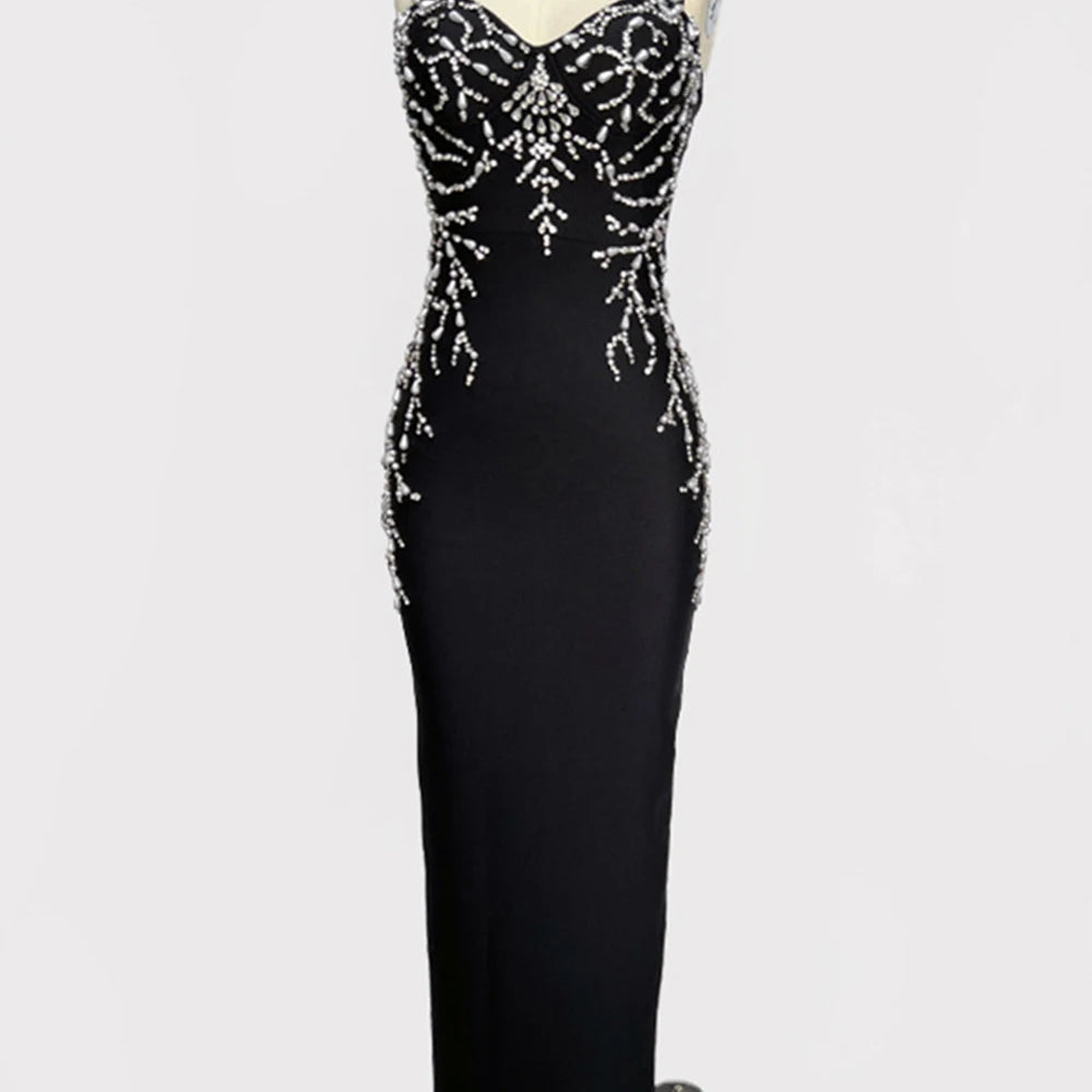 Ladies Diamond Beads Spaghetti Strap Backless Design Celebrity Evening Club Black Sleeveless Sexy Maxi Bandage Dress Vestidos
