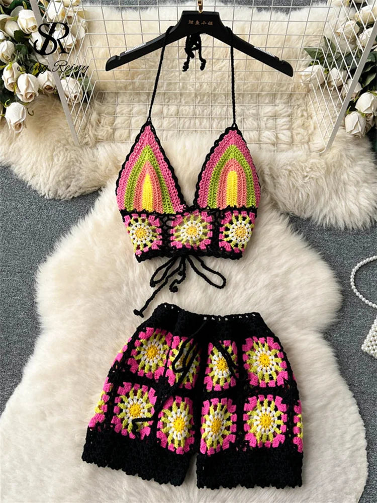 SINGREINY Summer Hollow Out Beach Suits Women Strap Halter Sexy Top+Mini Shorts Fashion Floral Knitted Bohemian Two Pieces Sets black One Size