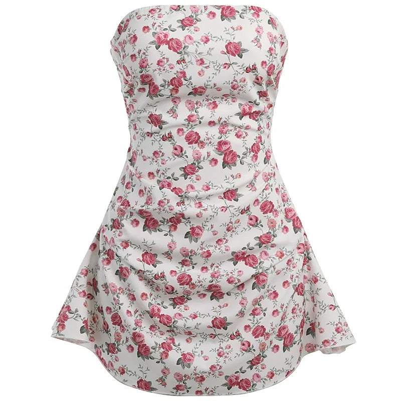 Women's Small Fresh Floral Breasted Short Dress Slim Sexy Big Backless Dress Casual Vacation Style Spice Girls Short Dresses pink