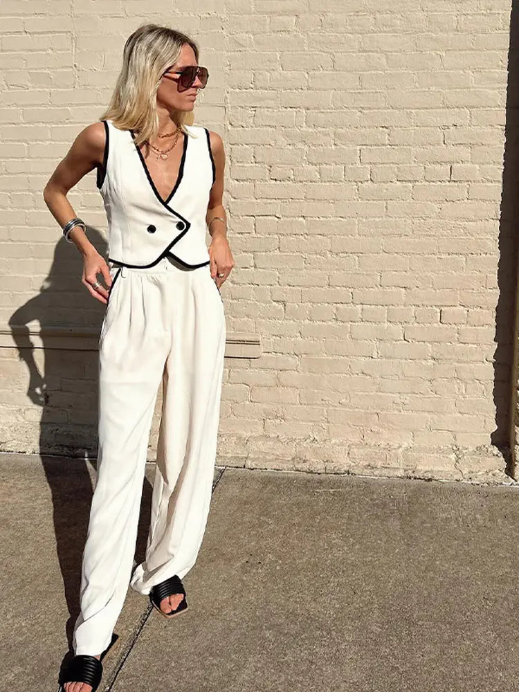 Womens Spliced V-neck Sleeveless Tank Top Suits Elegant Casual Pocket Wide Leg Pant Women 2 Piece Sets Vest Pants Outfit