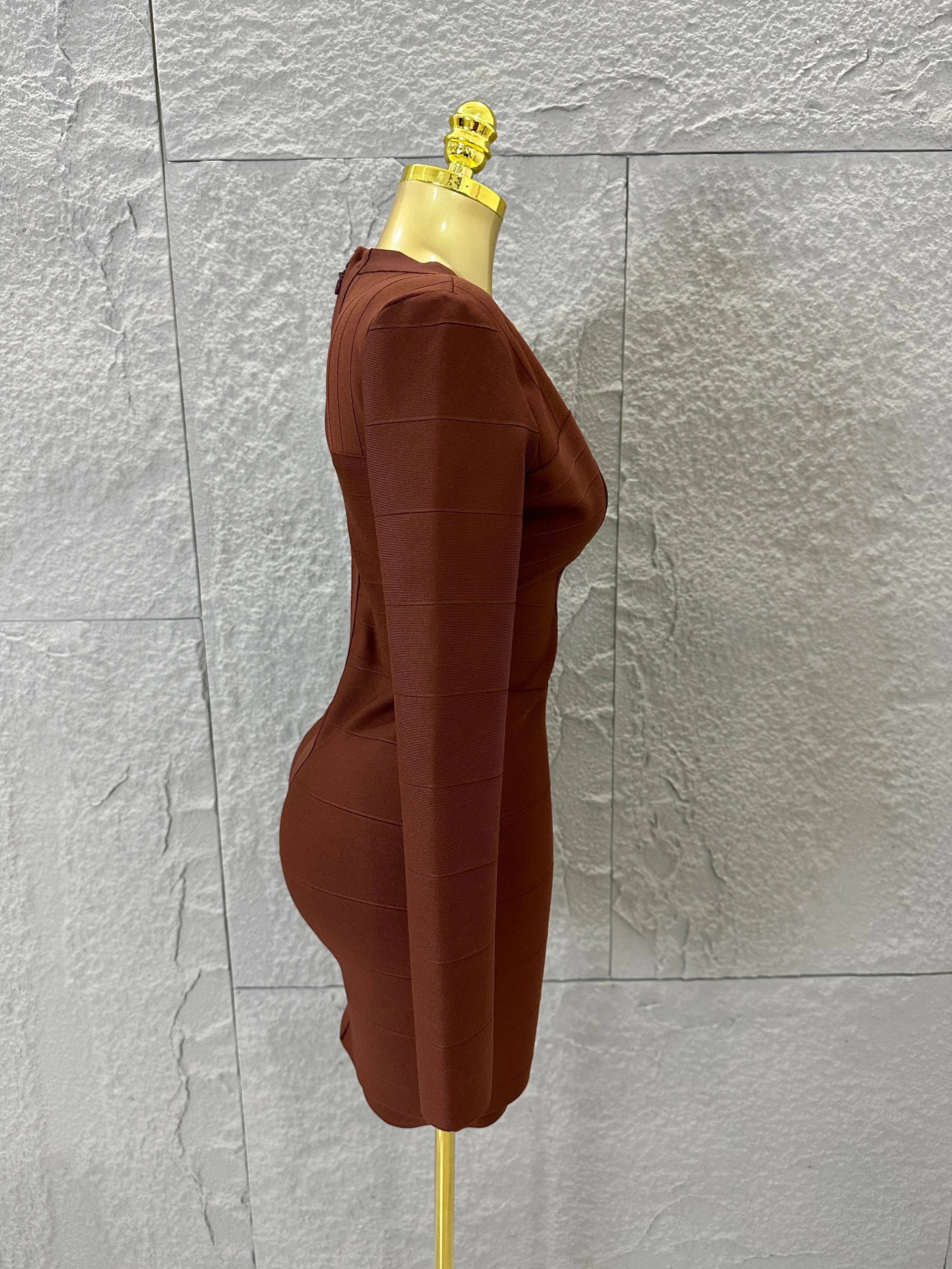 Women Elegant Brown Long Sleeve Mini Dress Women Sexy Deep V Neck Bandage Nightclub Evening Party Cocktail Party Dress