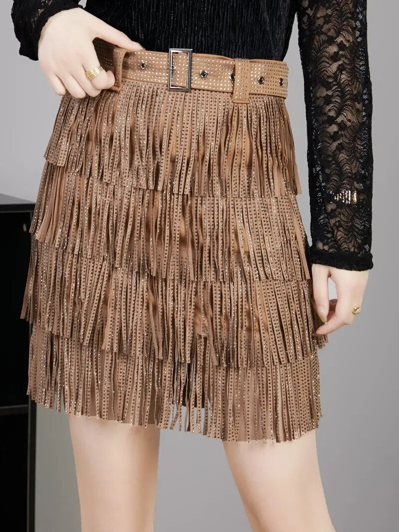 Women Skirt Fashion New Autumn High Waist Belt Multi Layer Short Heavy Drilling Rhinestones Fringed Skirt with Cake A Line khaki skirt