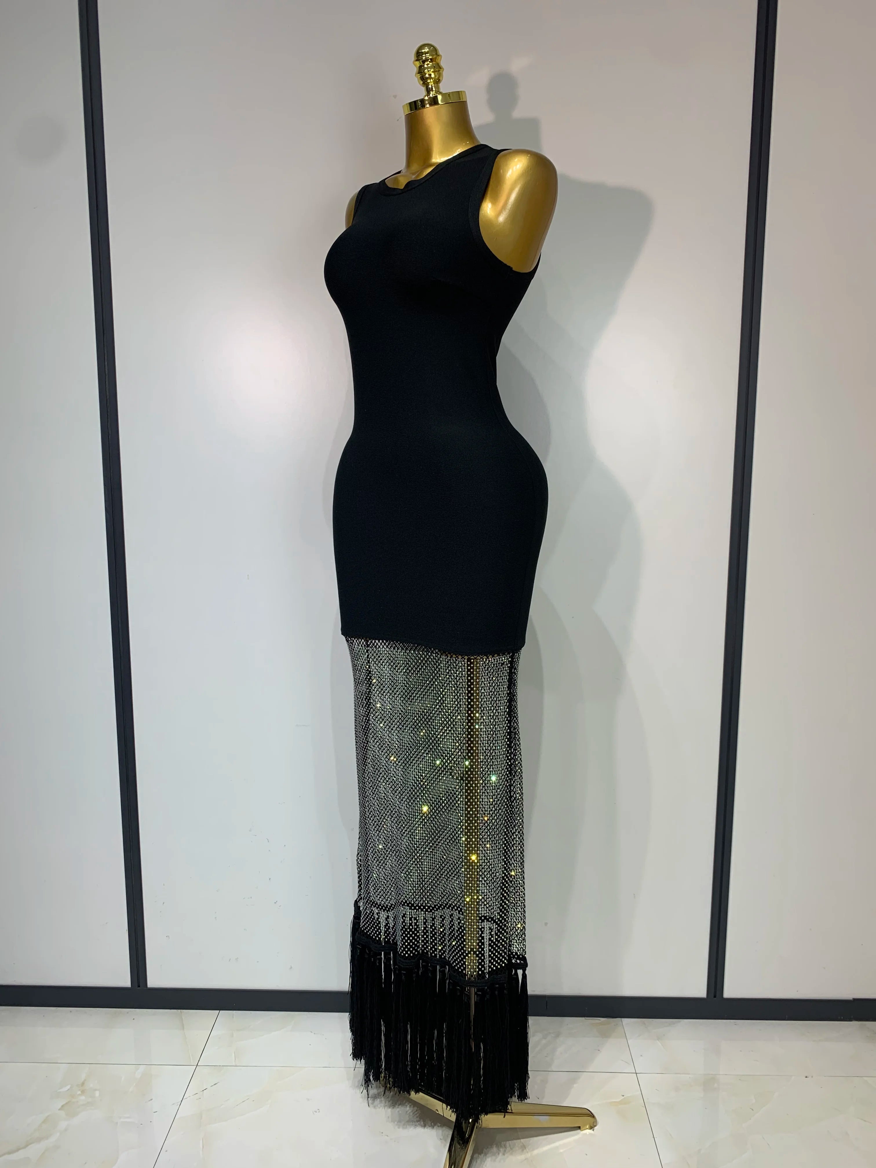 2025 New Fashion Black Sleeveless Sparkly Diamonds Tassel Bandage Dress Celebrity Cocktail Evening Party Luxury Birthday Gown