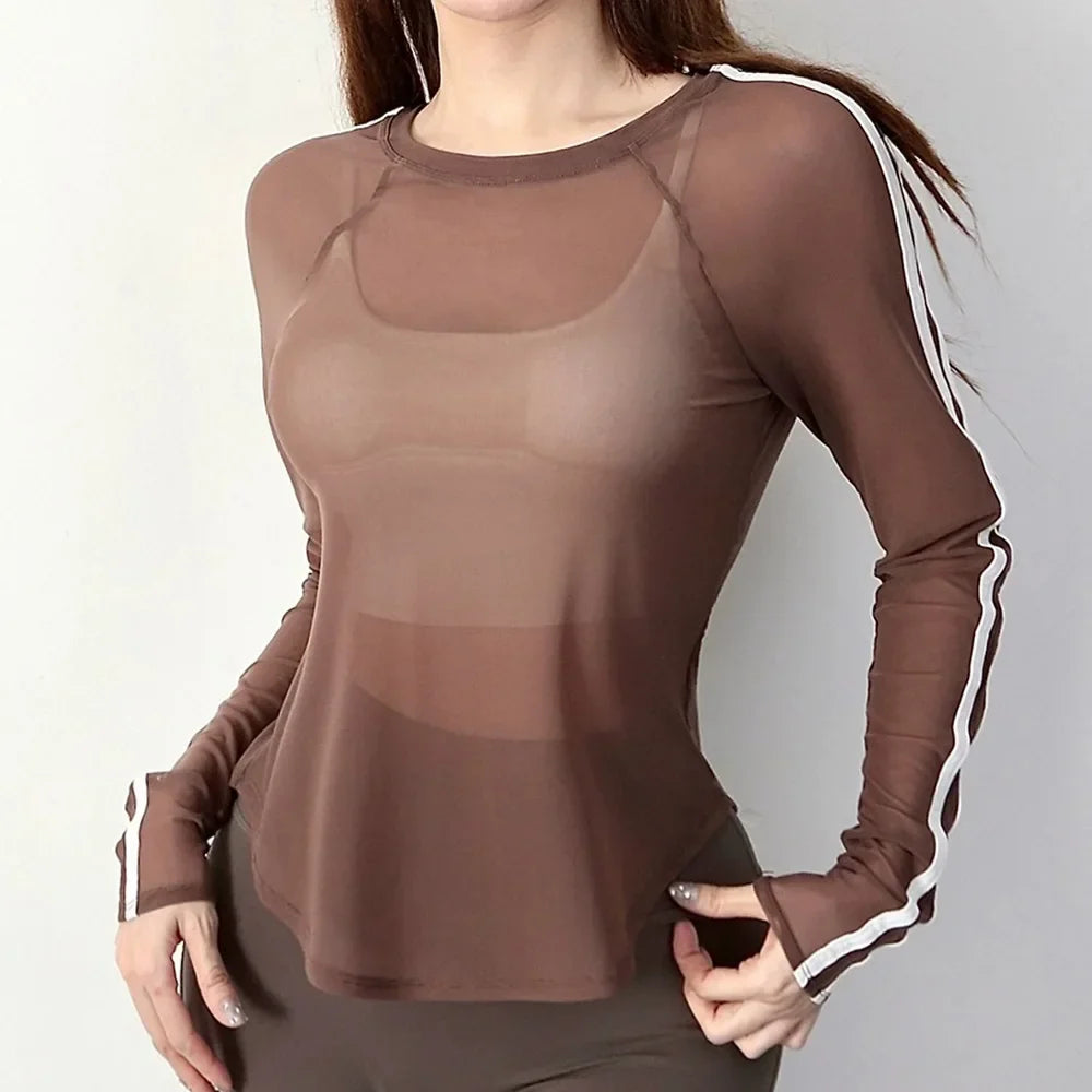 Cloud Hide HOT Girl Sports Shirts Women Top Fashion Yoga T-Shirts Gym Lady Workout Cover-up Autumn Long Sleeve Blouse Sportswear Chocolate Brown