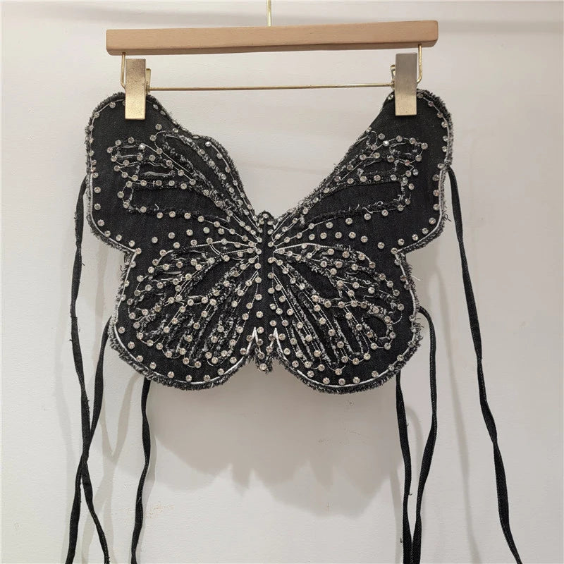 DEAT 2026 Spring Fashion New Halter Neck Strap Denim Vest For Women Backless Tie Rhinestone Butterfly Design Tank Top 11A07882 Black One Size