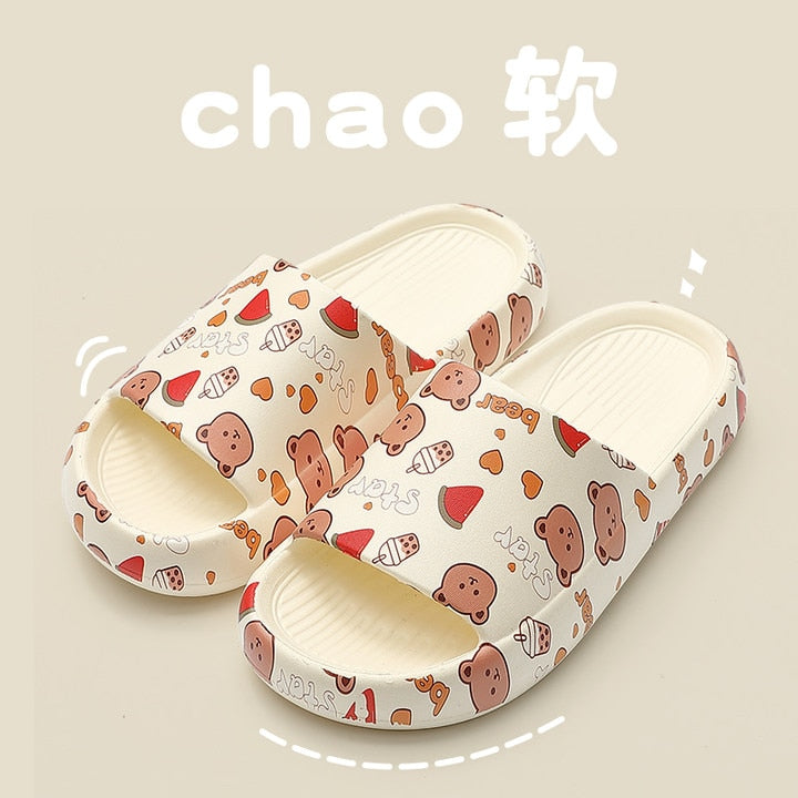 Solid Bear Slippers Cartoon Graffiti Shoes Women Summer Flip-Flops Beach Sandals Thick Platform Soft Cozy Casual Home Slippers 1300w