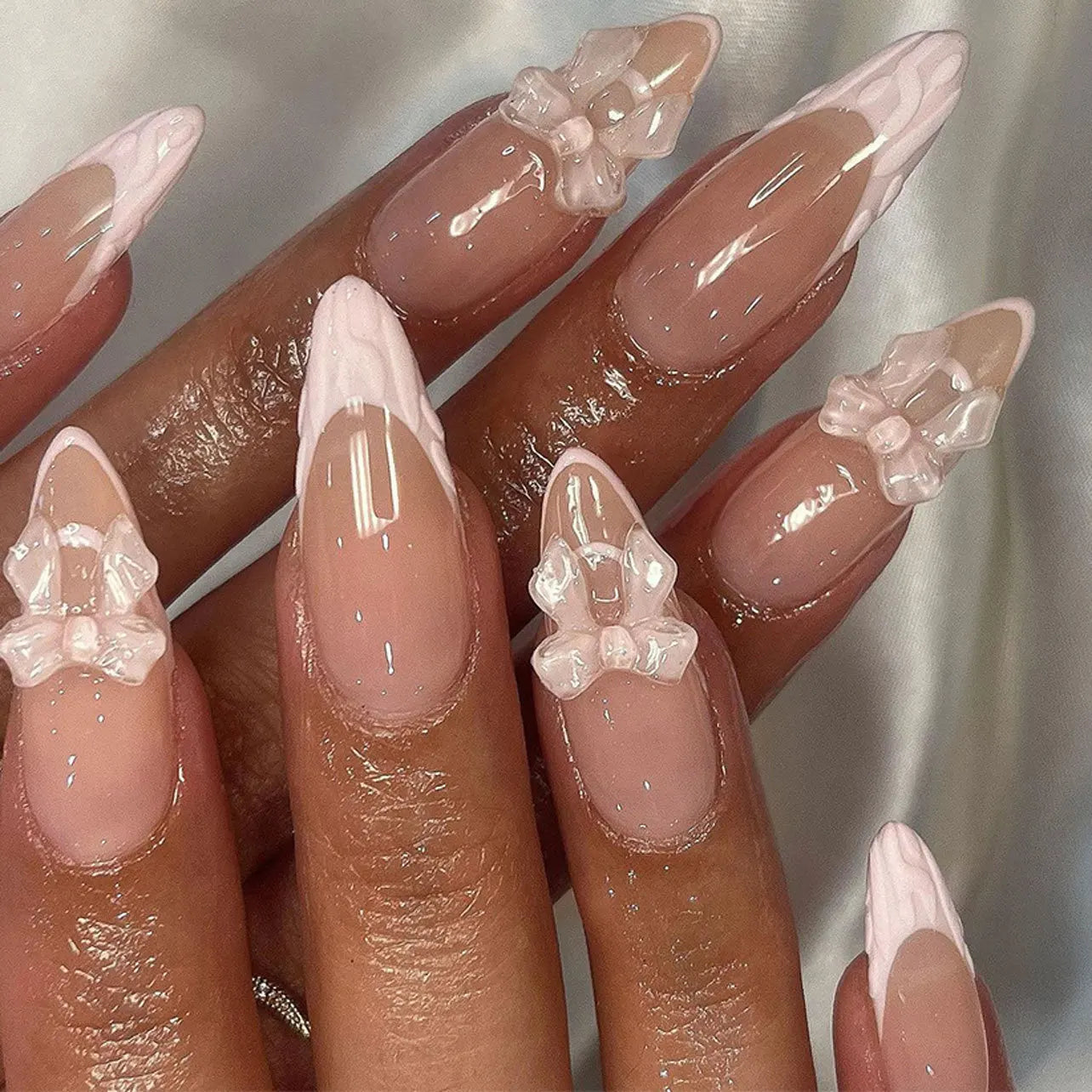 10Pcs White French Fake Nail with Glue Almond Press on False Naills Pink 3D Bow Camellia Design Nails Art Wearable Manicure Tips 3602