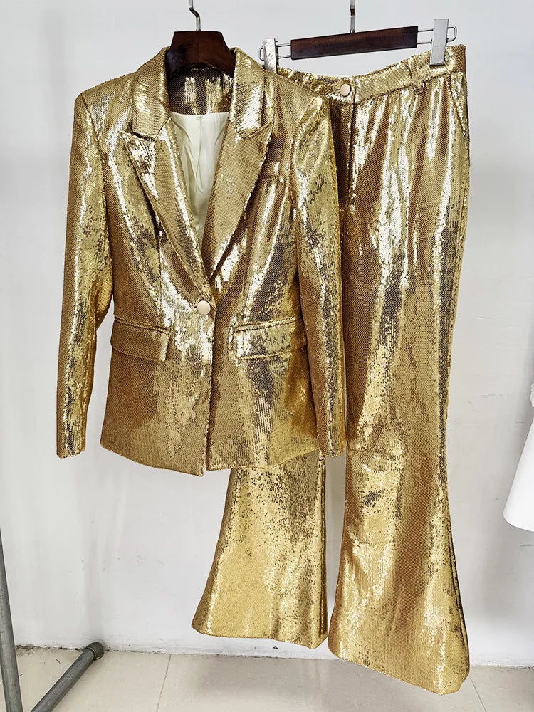 2025 New Autumn Golden Sequins Women Long Sleeve Deep V-Neck Slim 2 Pieces Women's Set Elegant Evening Party Cocktail Wear