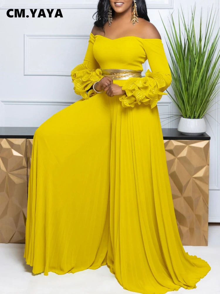 CM.YAYA Women Long Ruffles Sleeve Pleated Slash Neck Wide Leg Long Jumpsuits Party Beach belt Street Sexy Africa Outfit Rompers