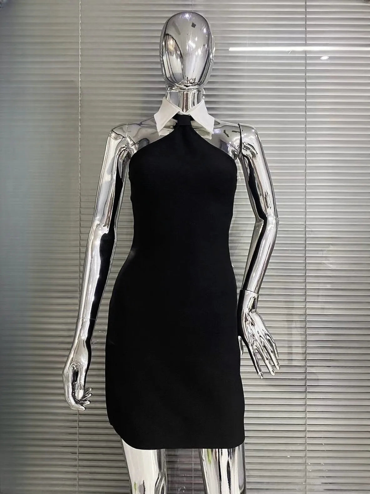 2023 New summer Fashion Design Turn Down Collar Sleeveless Black Mini Dress Woman Rayon Bandage Dress Evening Party Outfit black