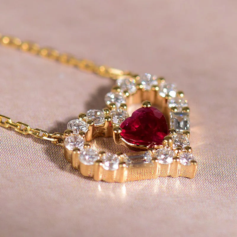 S925 Sterling Silver Double Heart Cupid Ruby Love Pendant Light Luxury Necklace Gold necklace.