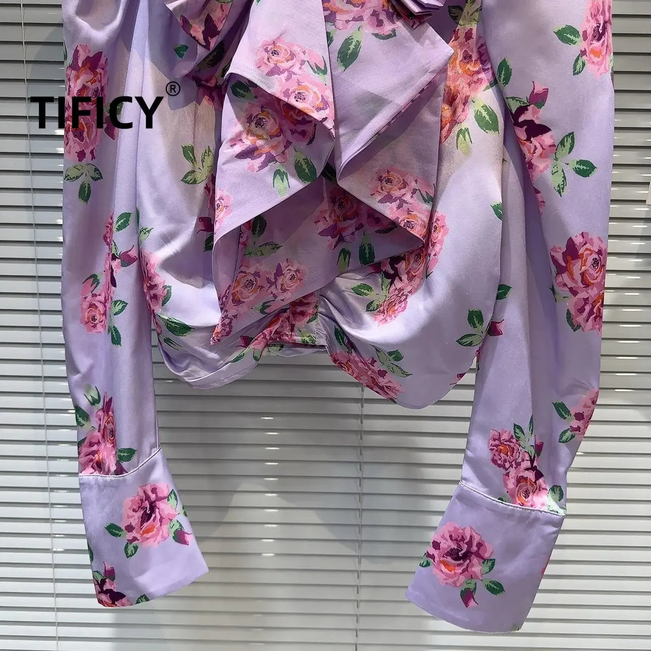 High Street Fashion Blouses Top Women's Autumn New French Socialite Bow Collar Flower Print Bubble Sleeve Shirt Tops Blusa