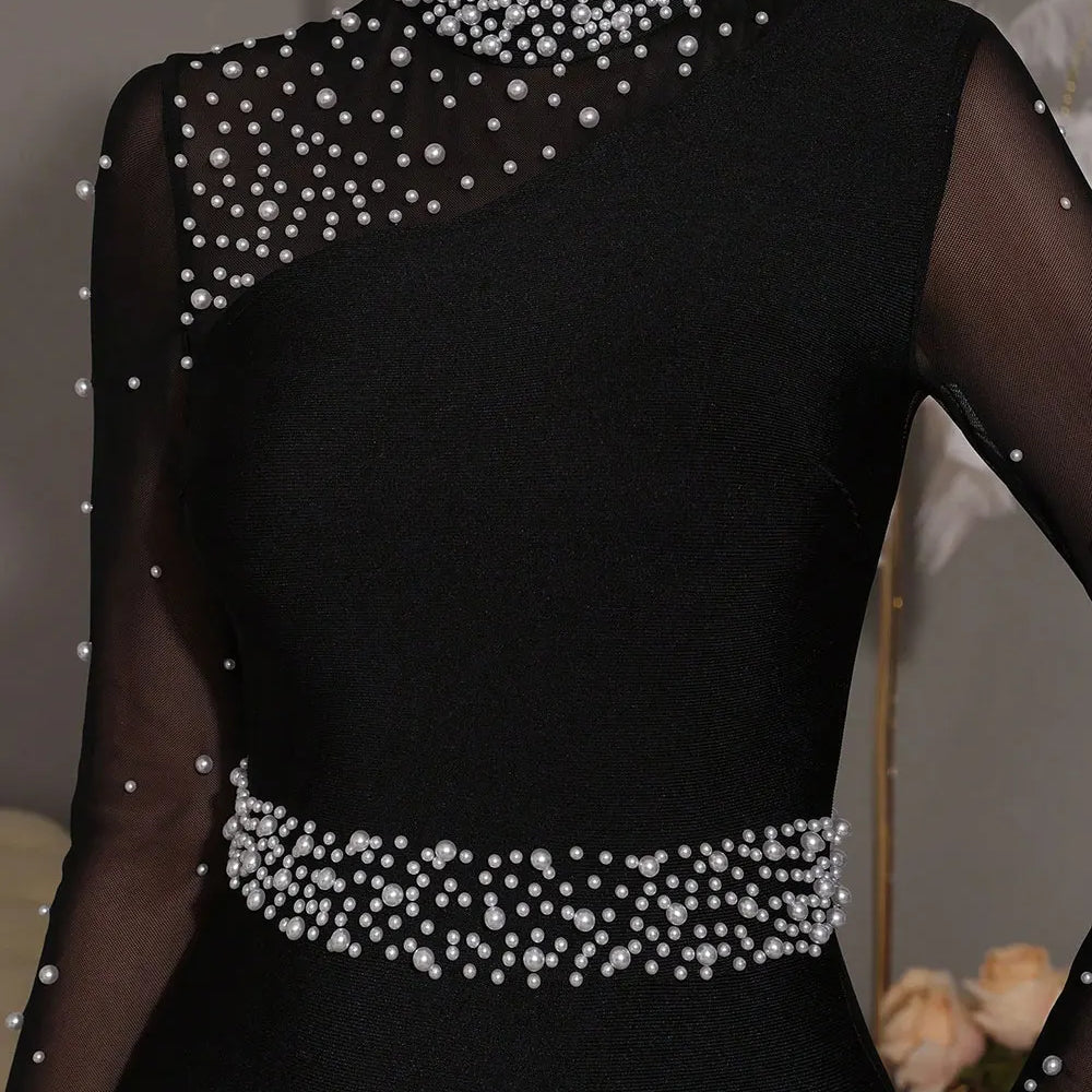 2025 Sexy Women Light Luxury Nail Bead Patchwork Bandage Dress Stand Collar Long Sleeved Bodycon Black Long Dress Party Vestidos