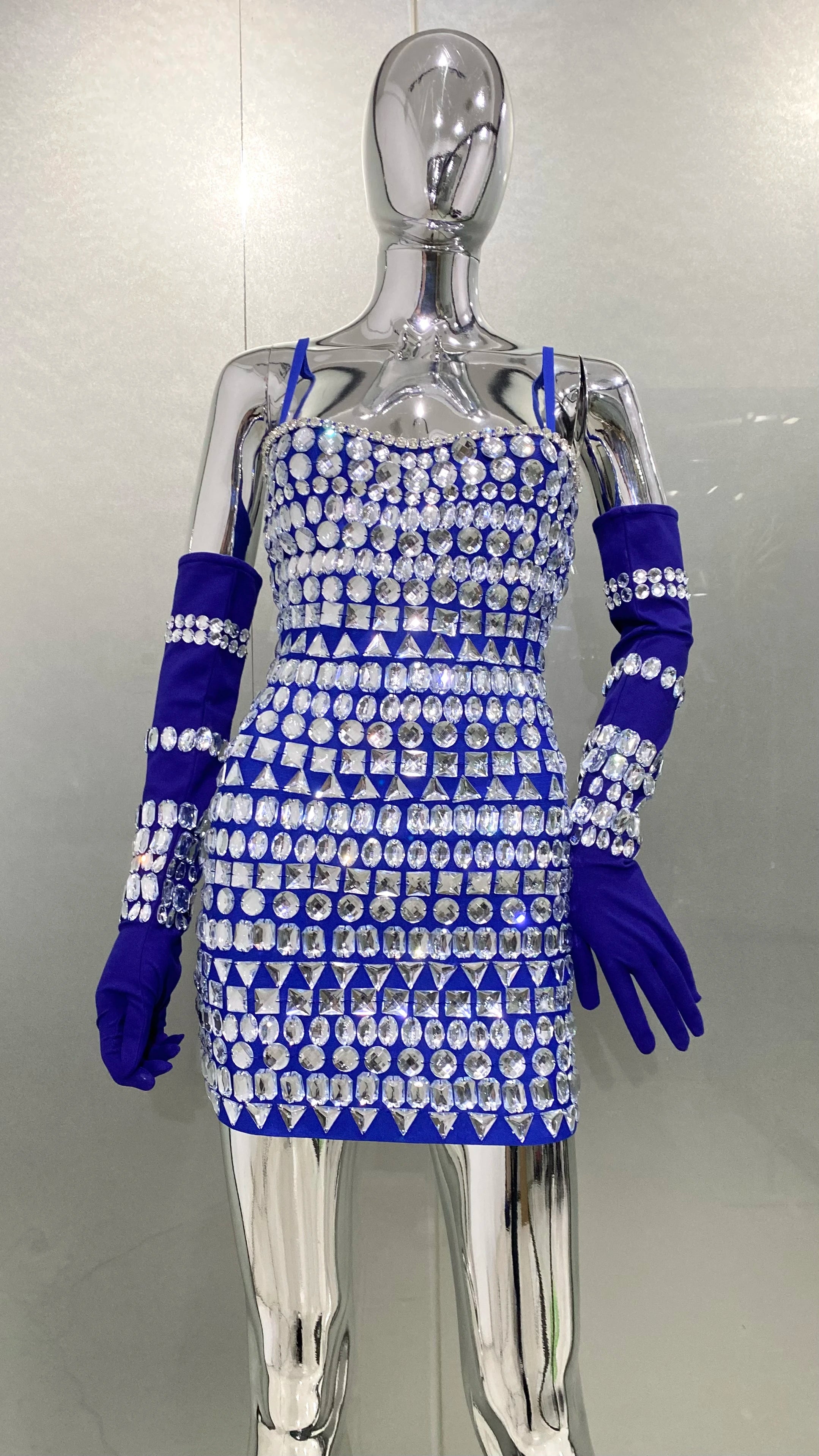 2024 New Fashion Women Sleeveless Sexy Strap Big Crystal Bodycon Mini Dress With Gloves Bandage Fashion Birthday Party Dress Blue