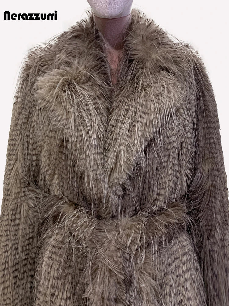 Nerazzurri Winter Clothes Women Long Thick Warm Soft Hairy Shagge Colorful Multicolored Fluffy Faux Fur Coat Women Sashes