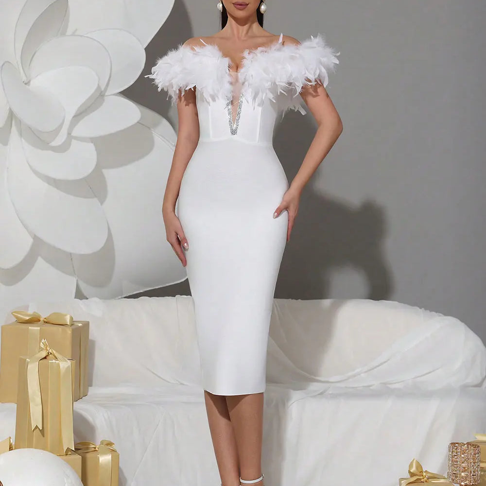 2025 Spring Sexy Women's Light Luxury Feather Design Bandage Dress One Collar Shoulder Bodycon Bareback Dresses Party Vestidos