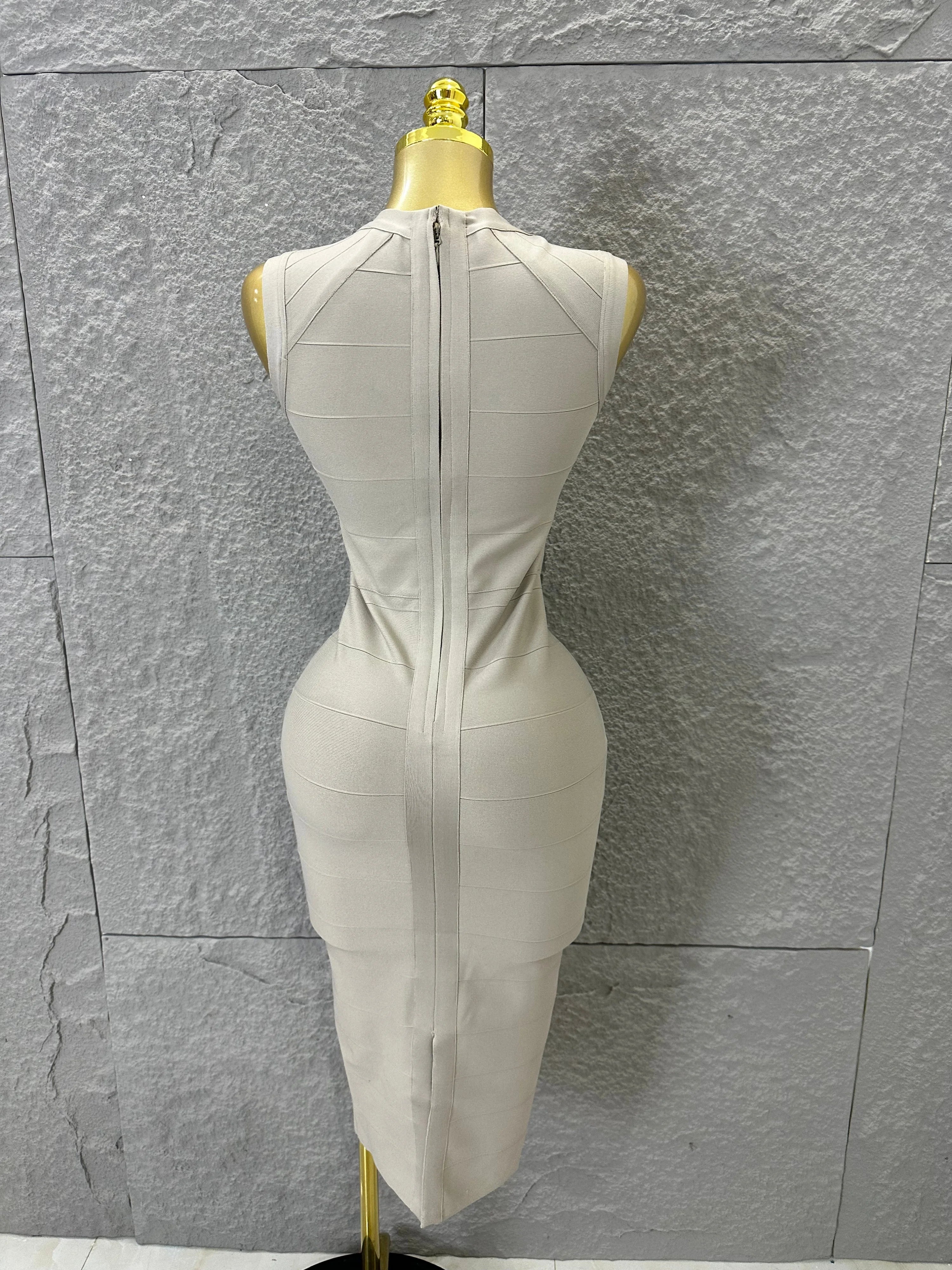 2026 Elegant Beige Bandage Midi Dress Women Sleeveless Deep V Neck Bodycon Cocktail Party Evening Gown Formal Event Wear