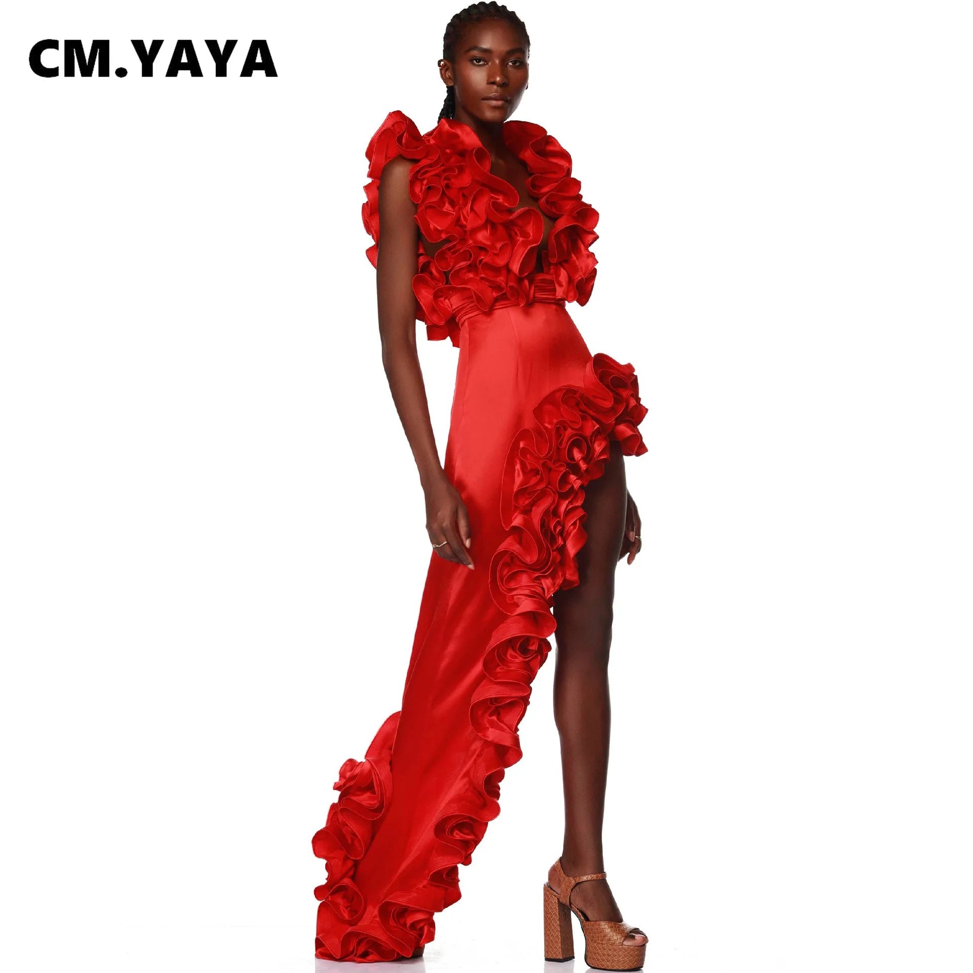 Women Sets Streetwear 2 Two-piece Suits Sexy Beach Holiday Ruffles Asymmetrical V-neck Bodysuit+Long Skirts Bikinis Sets