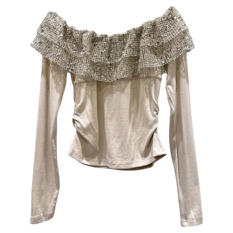 Winter New Fashion Sequin Hollow Layered Collar Long Sleeve T-Shirt For Women Slim Fit Off-shoulder Tops 11A07713