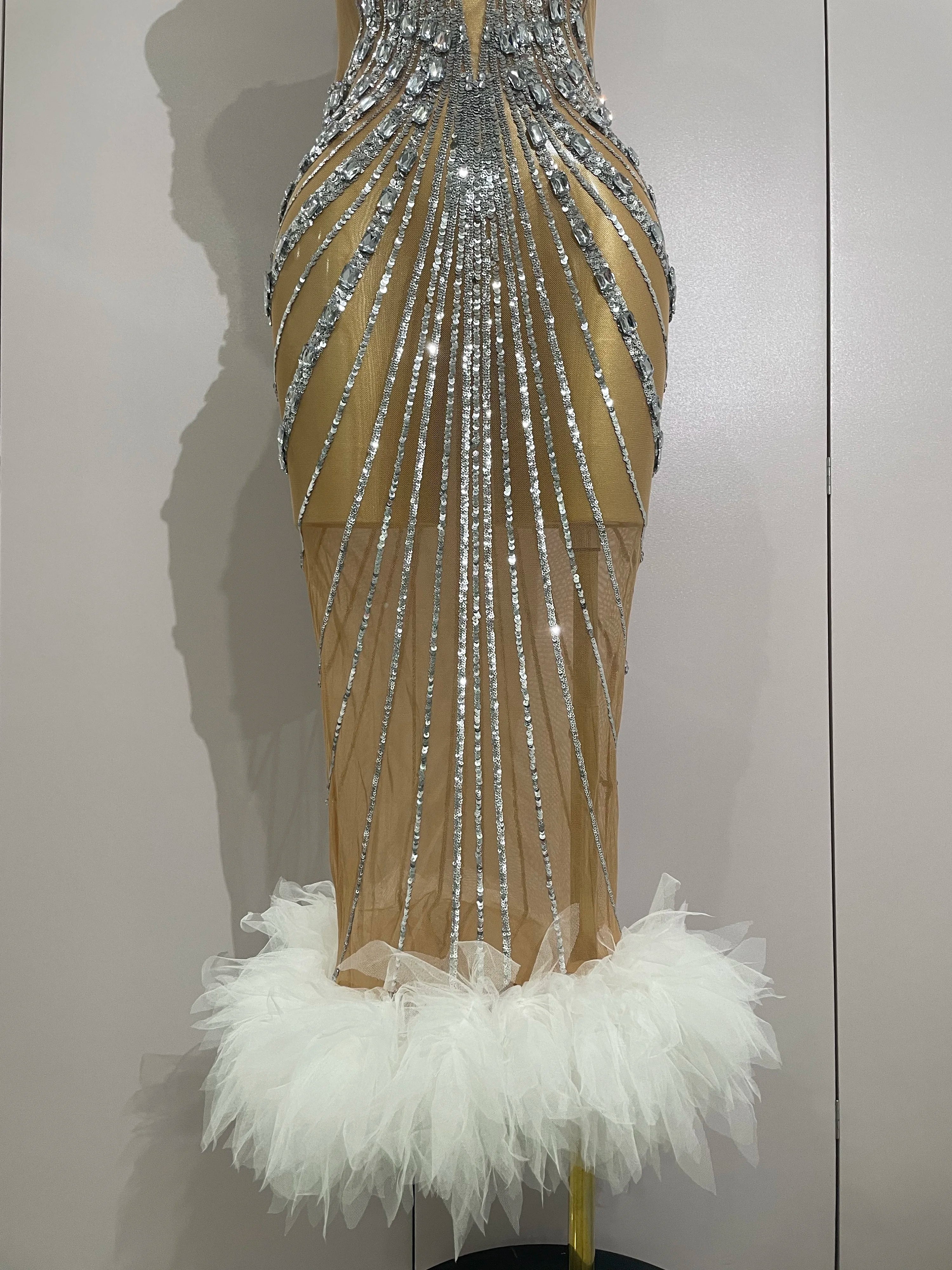 Luxury Sexy Silver Rhinestone Mesh See Through Long Dress 2025 New Women Birthday Party Prom Gown Singer Nightclub Stage Costume