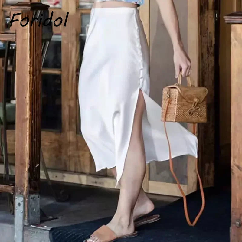 Foridol High Waist Button Slit Midi Satin Skirts Womens Autumn A-line Silk Elegant Skirt Bottoms Office Skirt Faldas Mujer