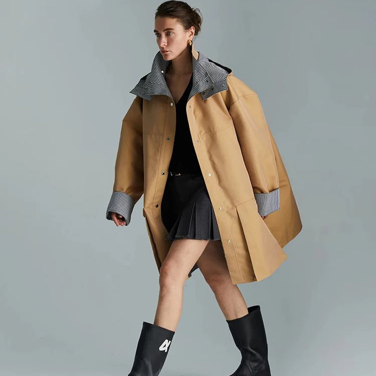 Lautaro Spring Autumn Cool Oversized Waterproof Khaki Patchwork Checkerboard Trench Coat for Women with Detachable Hood Fashion